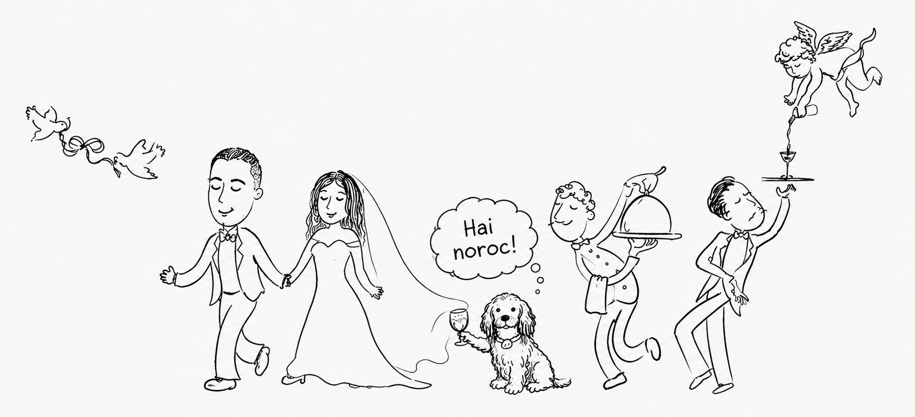 Ilustrație miri, cățel, ospătari și îngeraș
