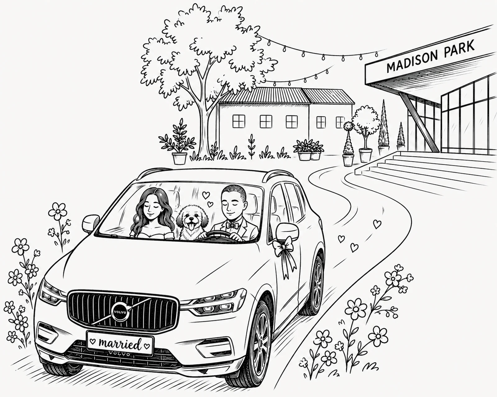 Ilustrație: mirii în mașină ajungând la Madison Park
